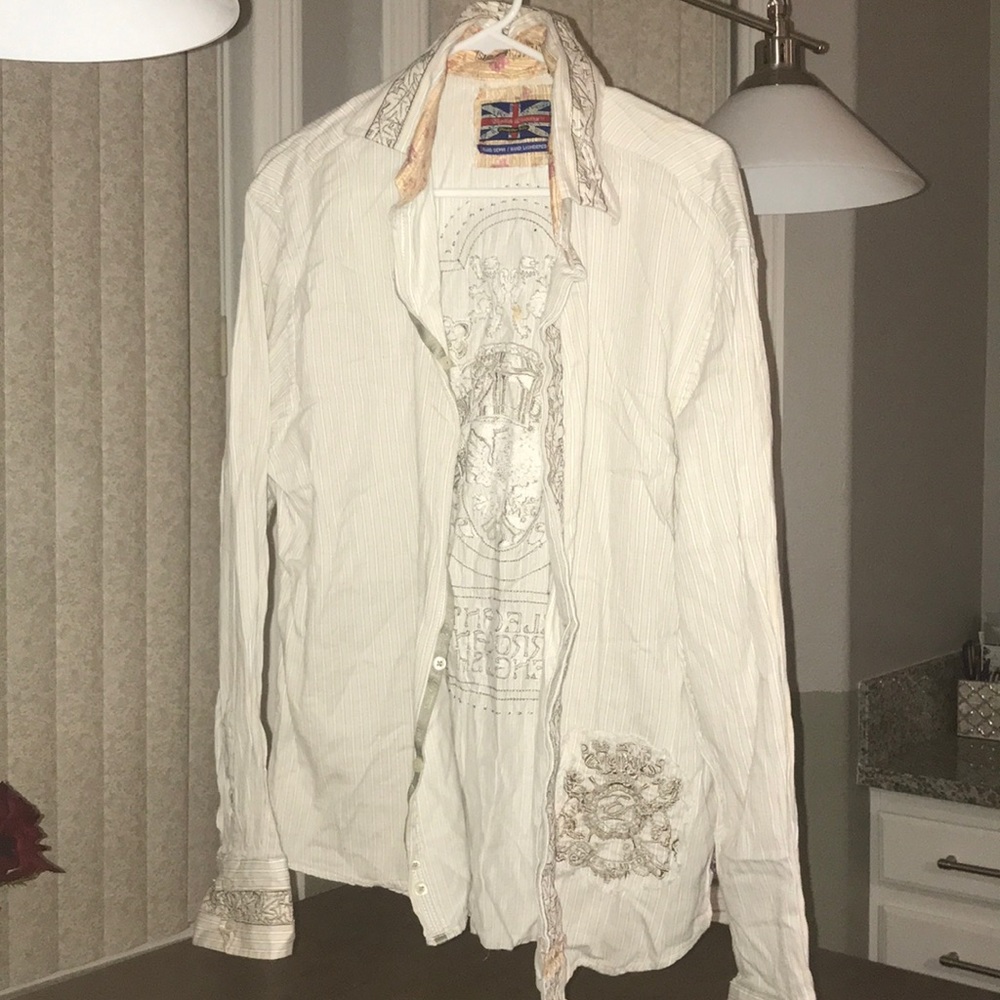White and tan long sleeve shirt